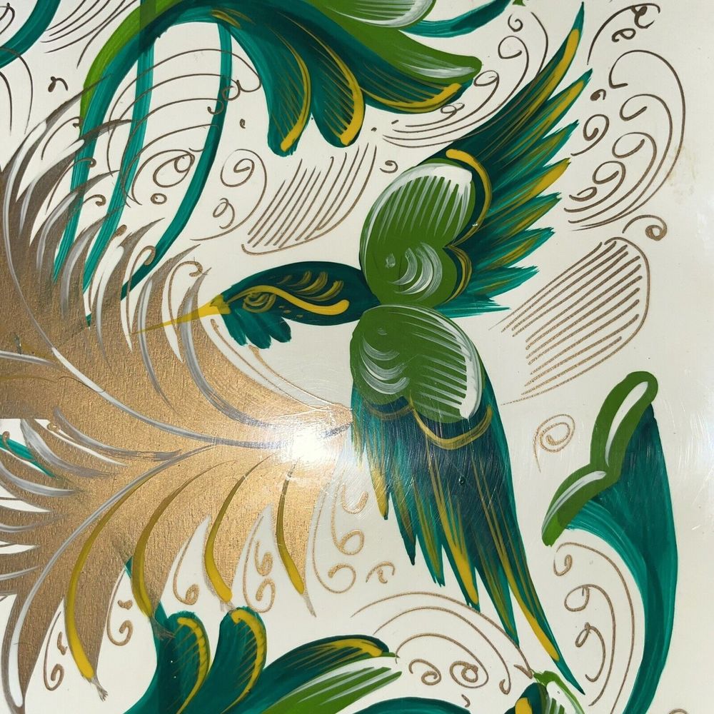 Vintage Birds of Paradise Painted Large Wooden Handled Tray Greens/Gold - Picture 6 of 6